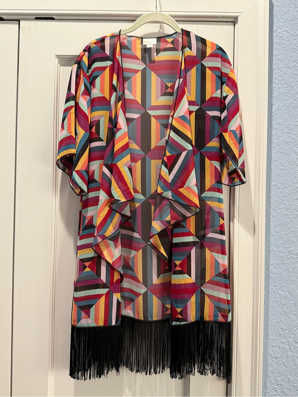 LuLaRoe Multicolor Geometric Stripe Fringed Kimono/Cover-up